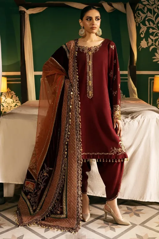 Mina Kashif Meeral Formals 24 Dark Maroon Raw Silk – view 1 – Poshaq