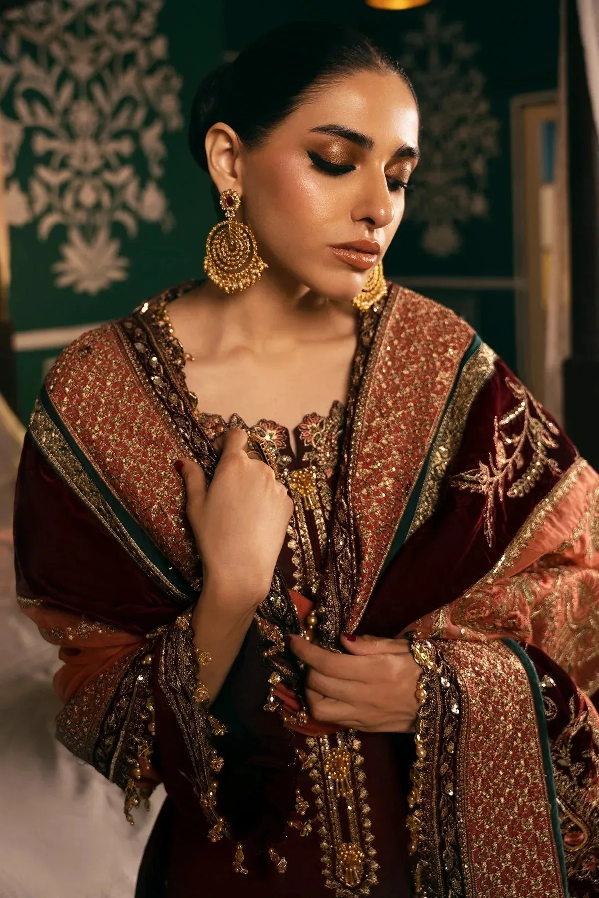 Mina Kashif Meeral Formals 24 Dark Maroon Raw Silk – view 3 – Poshaq