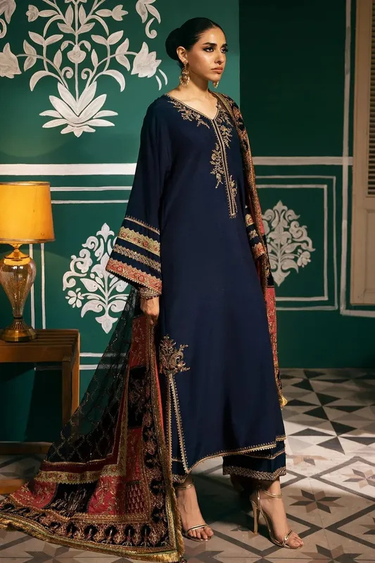 Mina Kashif Meeral Formals 24 Navy Blue Raw Silk – view 1 – Poshaq