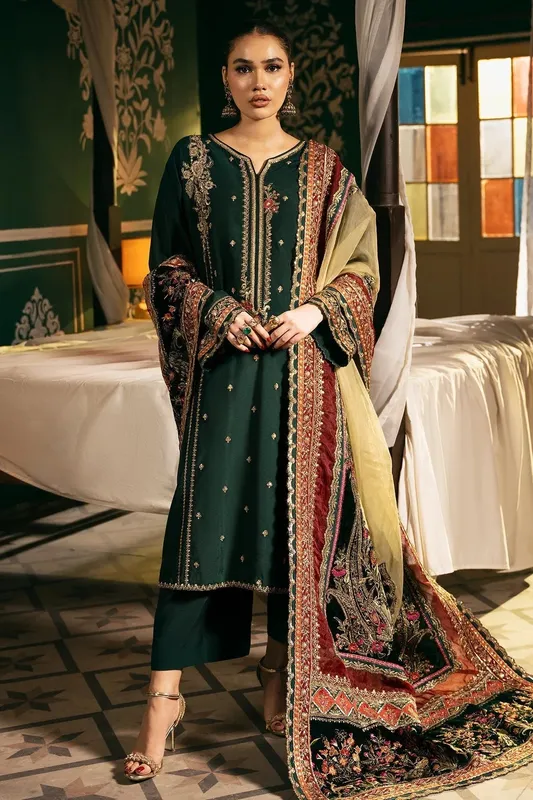 Mina Kashif Meeral Formals 24 Bottle Green Raw Silk – view 1 – Poshaq
