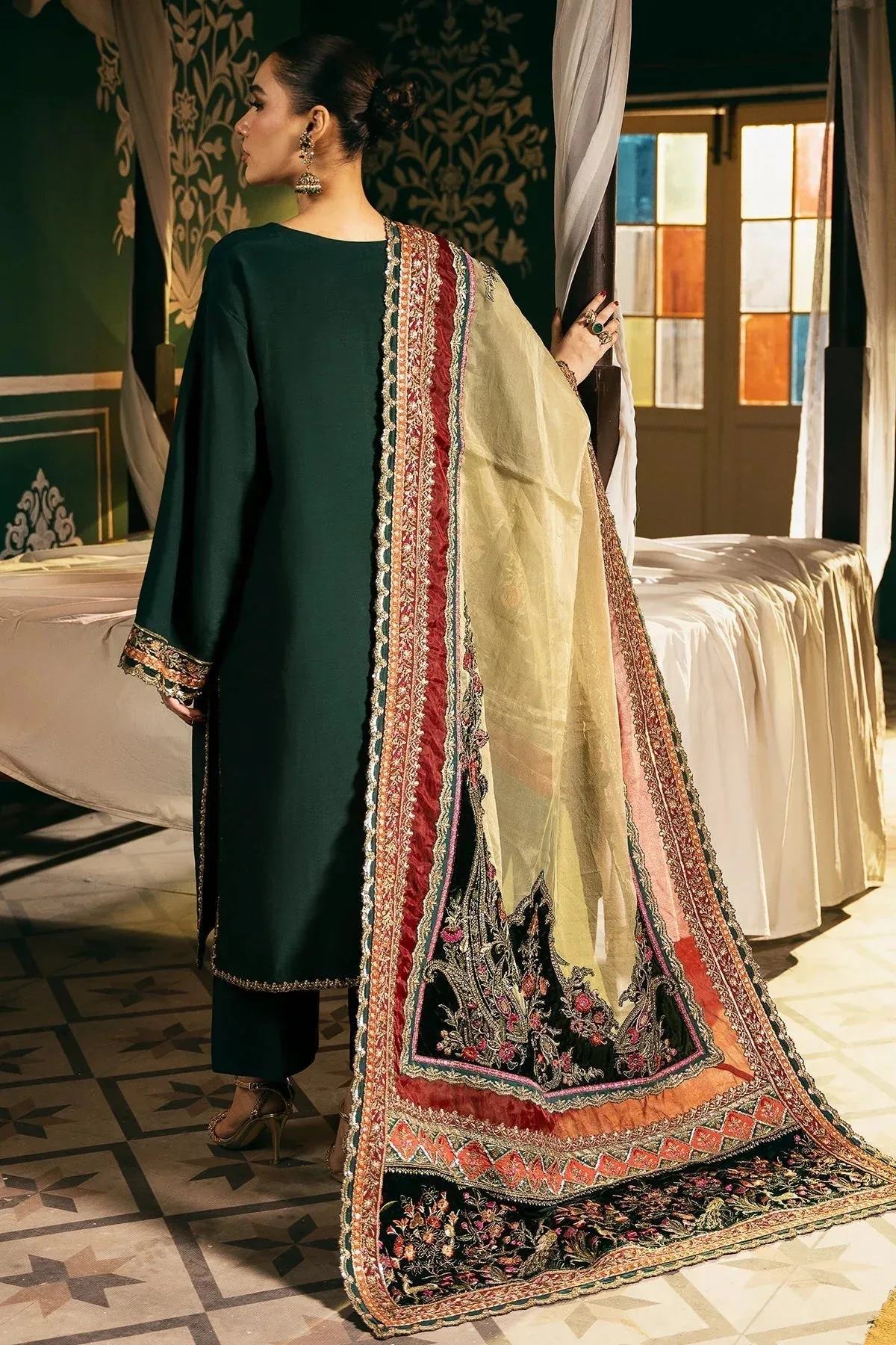 Mina Kashif Meeral Formals 24 Bottle Green Raw Silk – view 2 – Poshaq