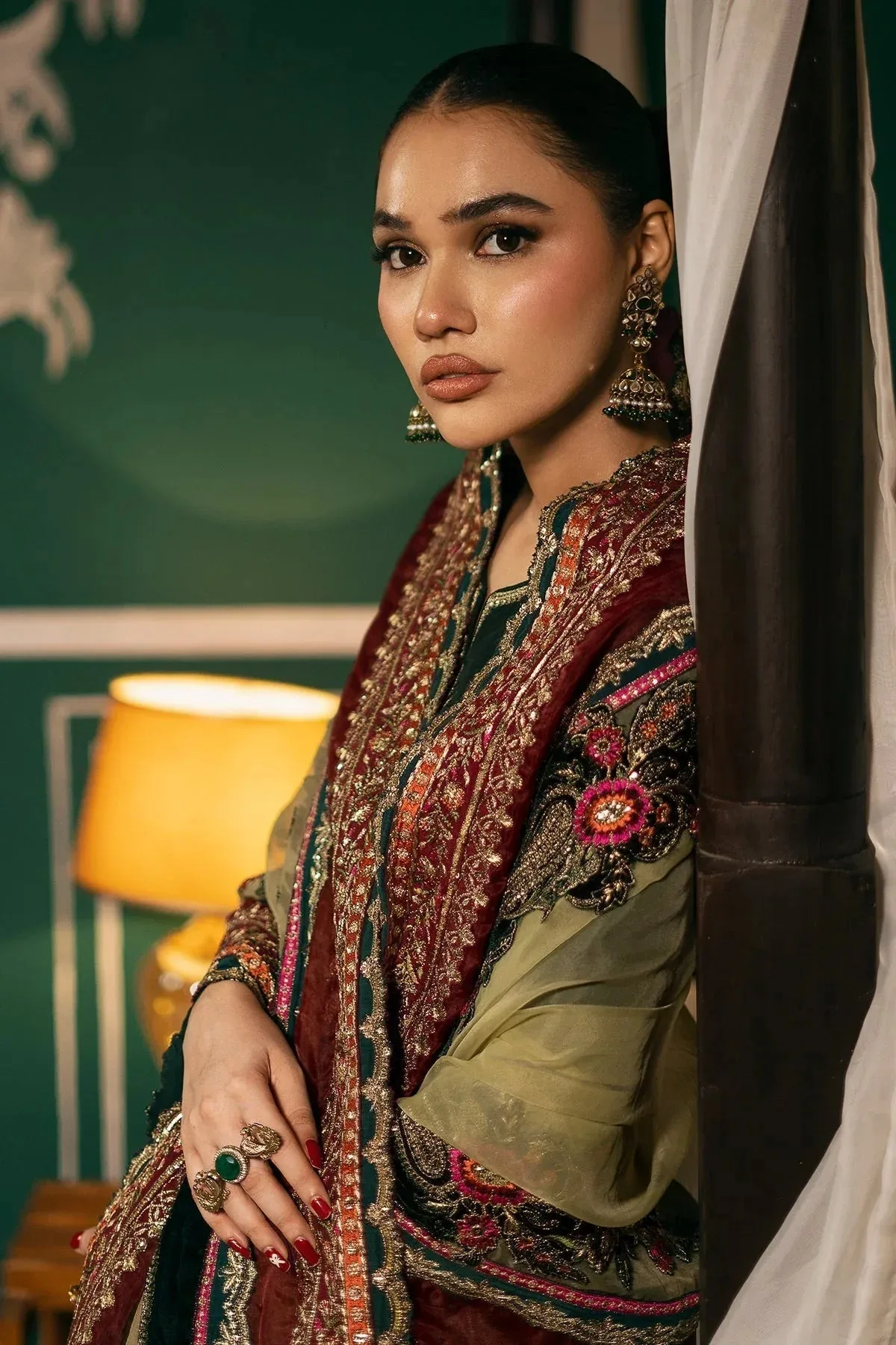 Mina Kashif Meeral Formals 24 Bottle Green Raw Silk – view 3 – Poshaq