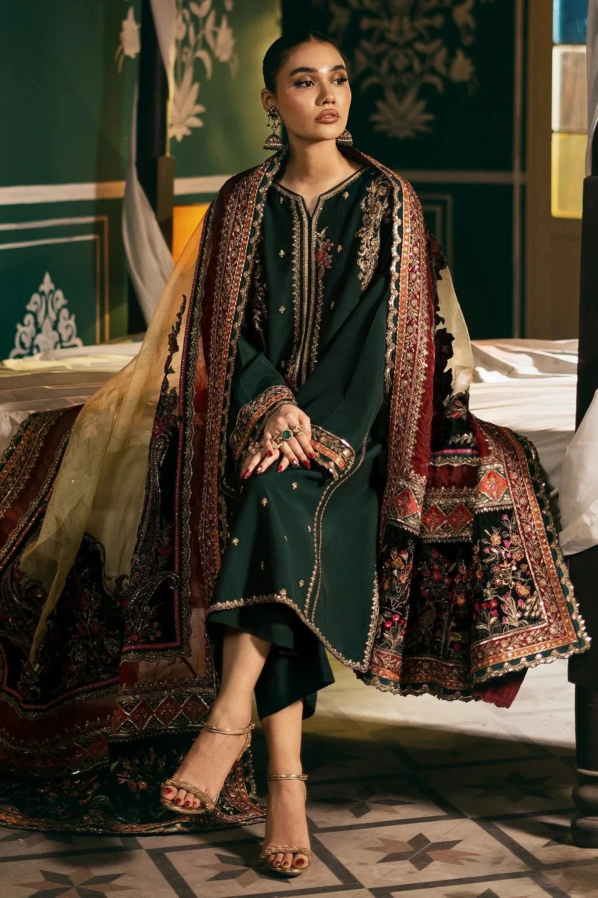 Mina Kashif Meeral Formals 24 Bottle Green Raw Silk – view 4 – Poshaq