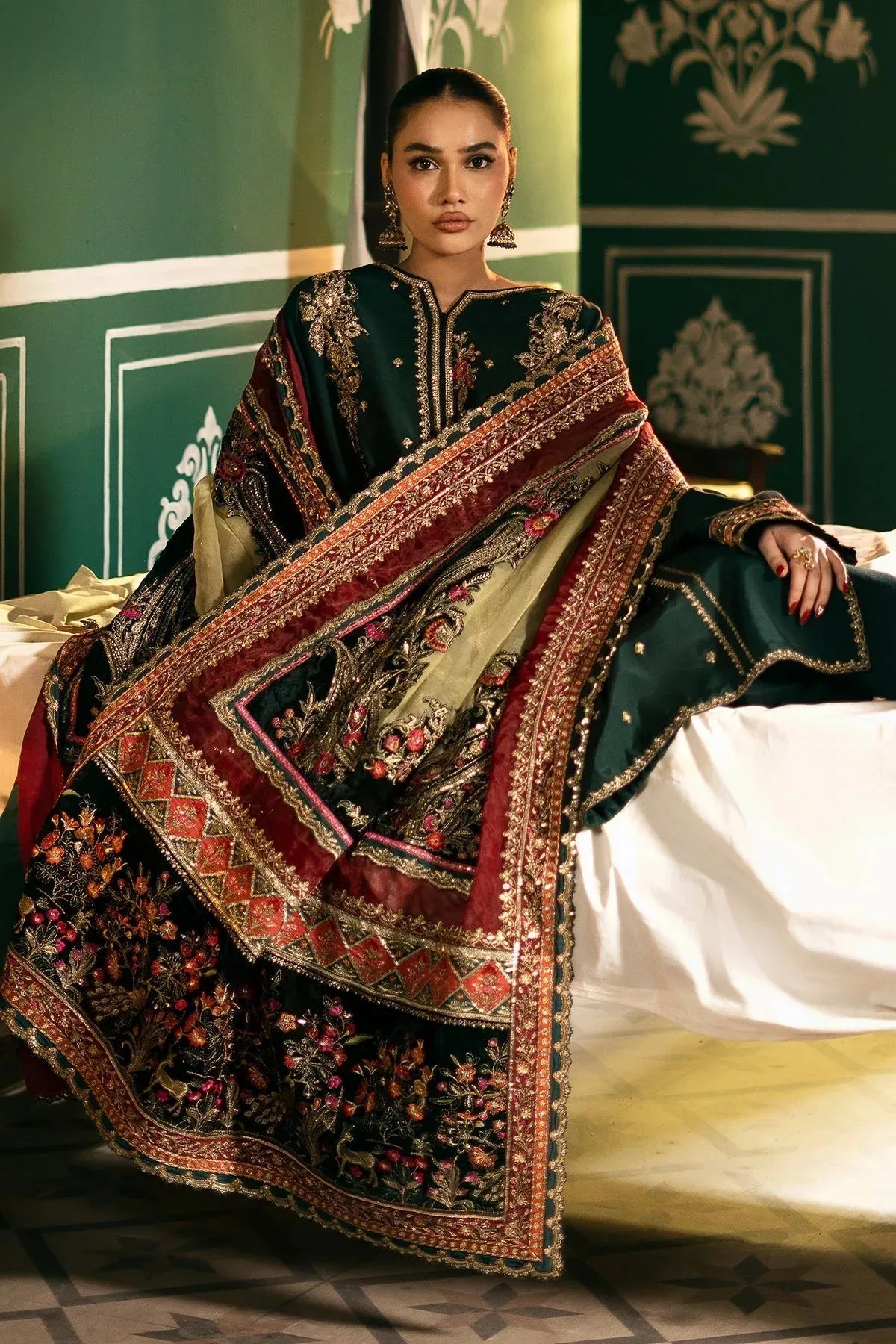 Mina Kashif Meeral Formals 24 Bottle Green Raw Silk – view 5 – Poshaq