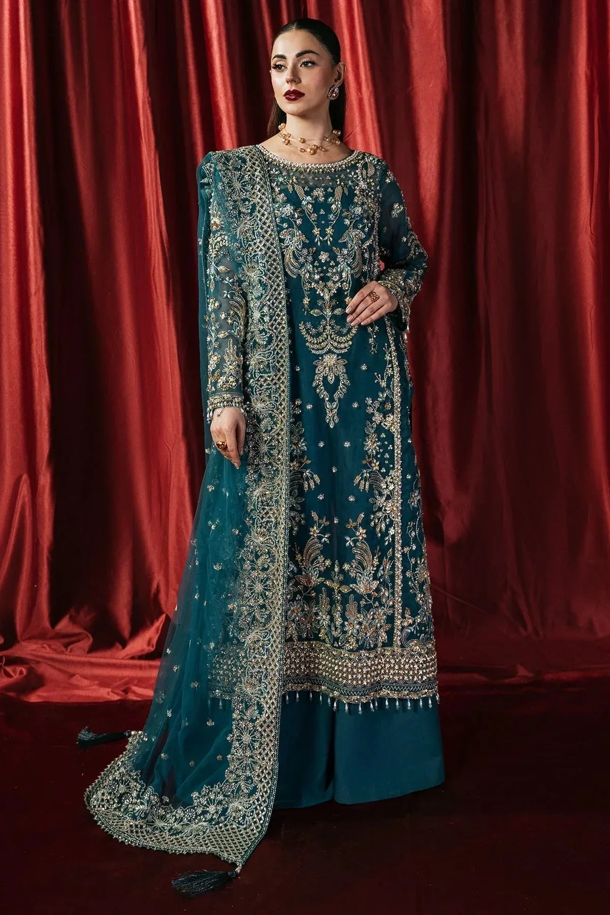 Mina Kashif Kahani Formals Teal Blue Raw Silk – view 1 – Poshaq