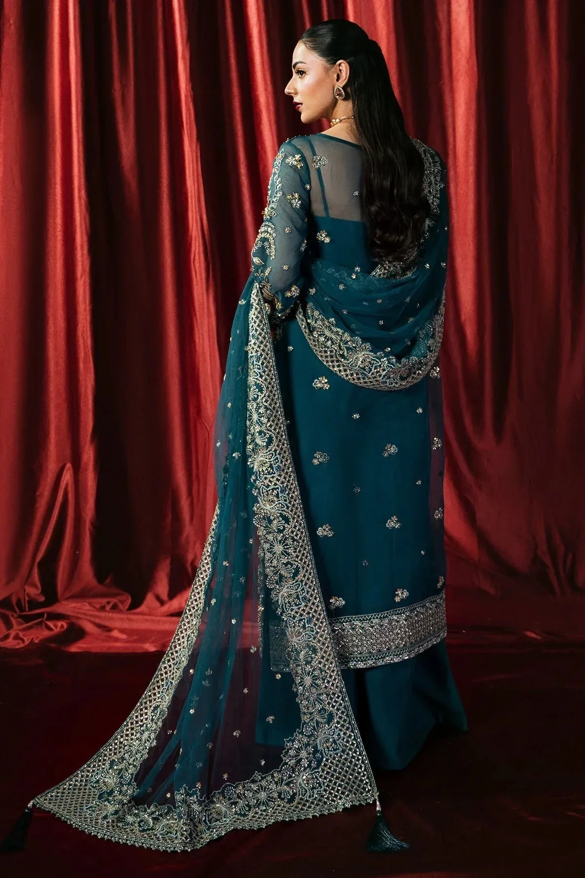 Mina Kashif Kahani Formals Teal Blue Raw Silk – view 2 – Poshaq