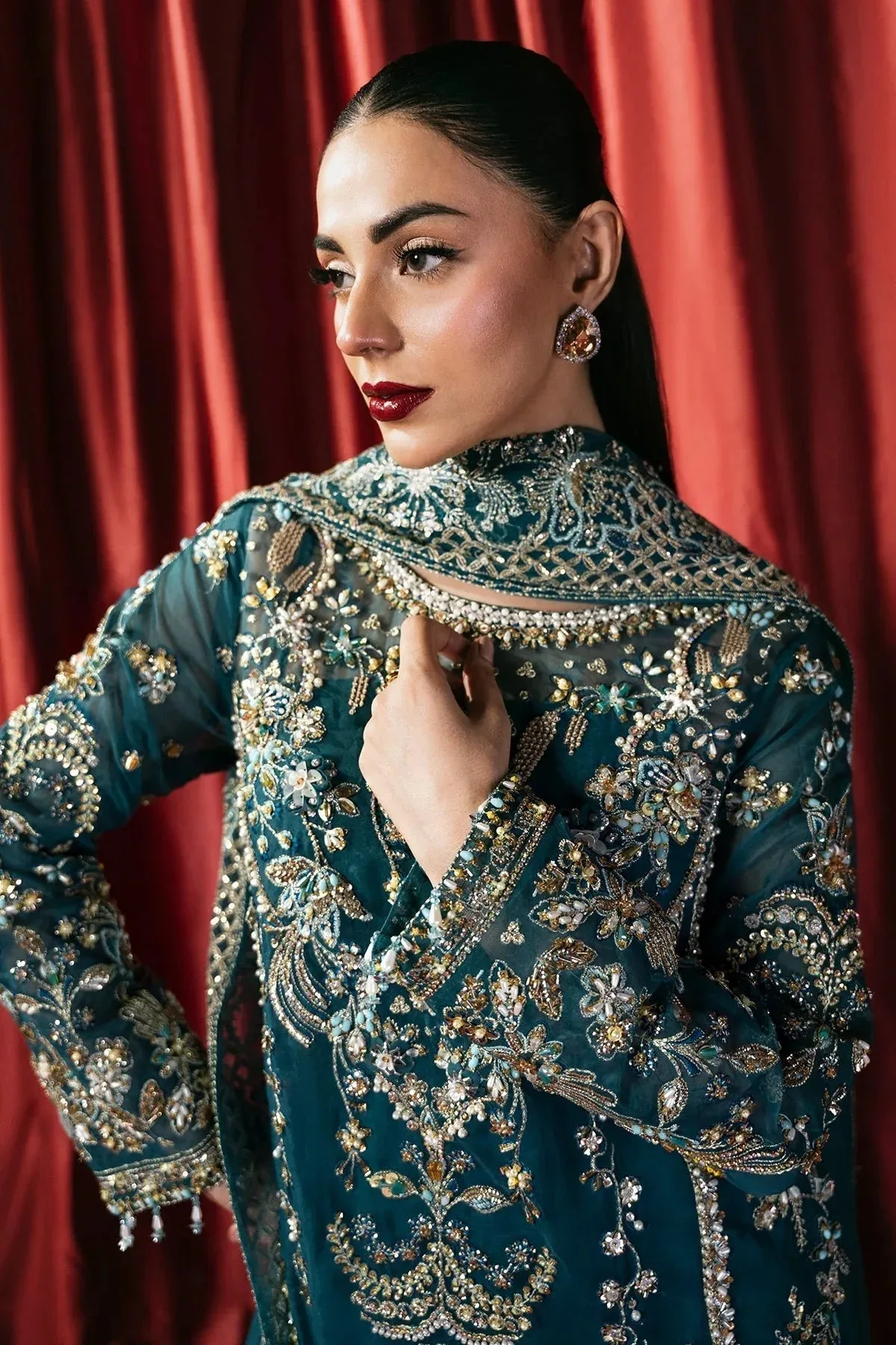 Mina Kashif Kahani Formals Teal Blue Raw Silk – view 3 – Poshaq