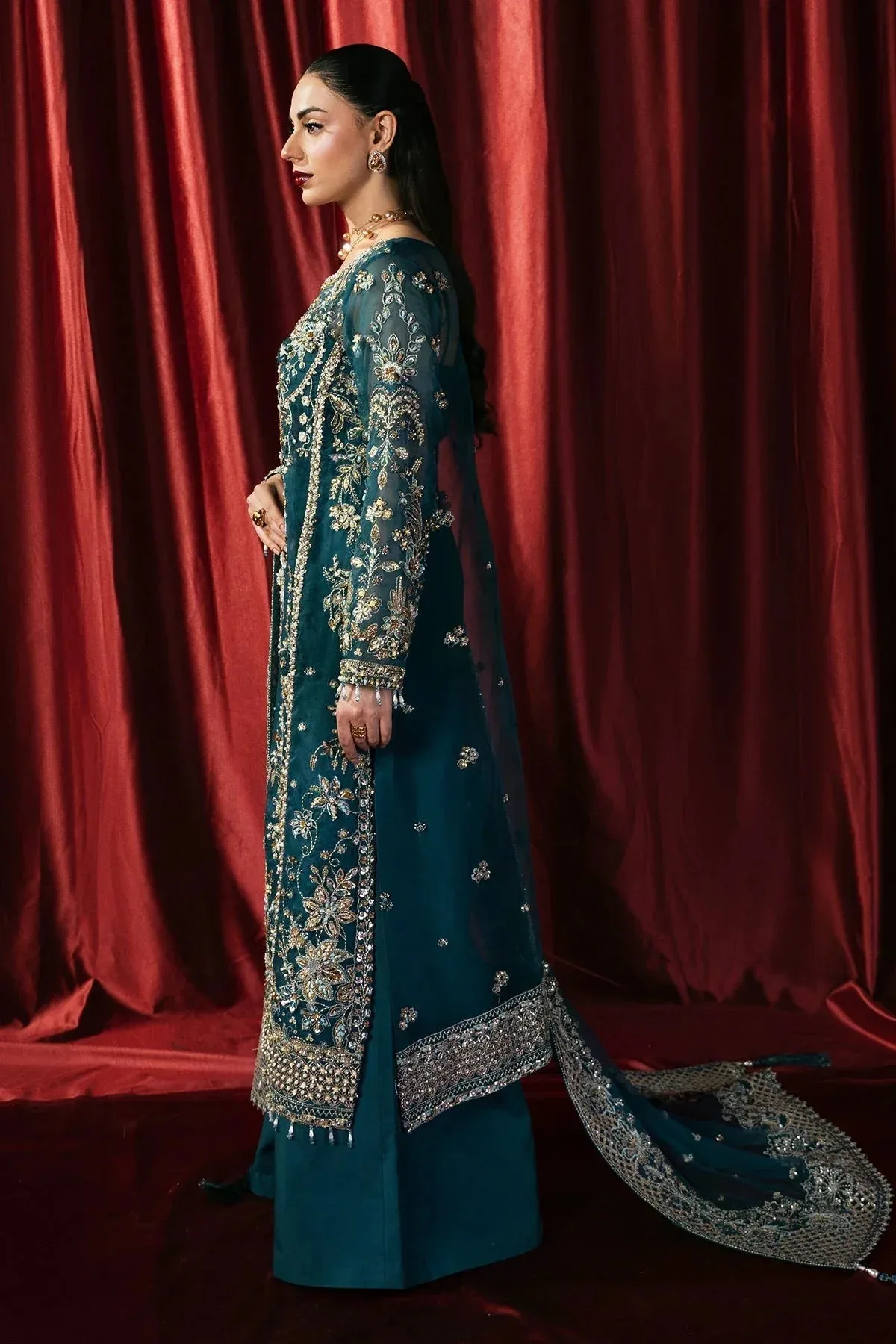 Mina Kashif Kahani Formals Teal Blue Raw Silk – view 5 – Poshaq