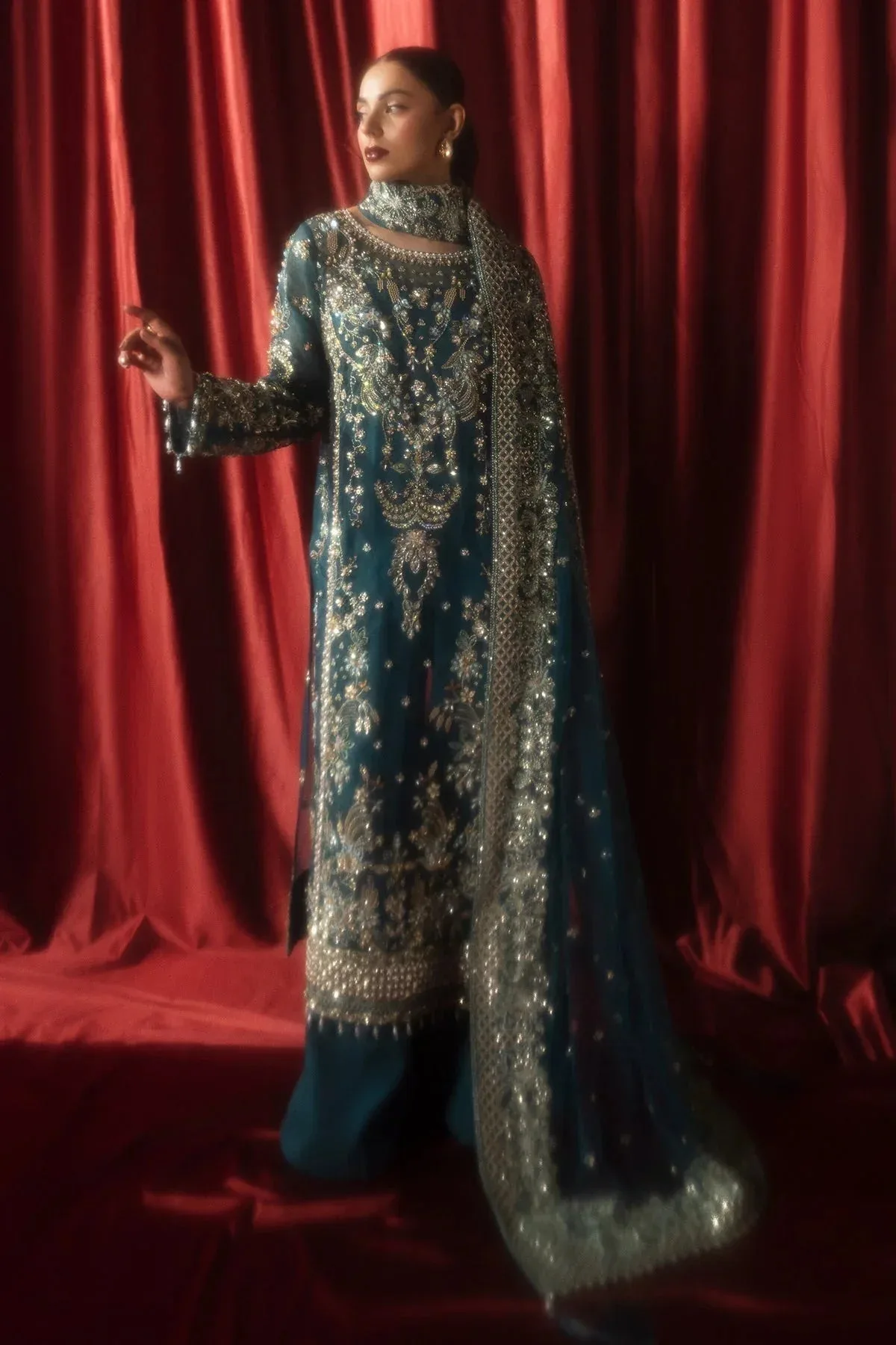 Mina Kashif Kahani Formals Teal Blue Raw Silk – view 6 – Poshaq