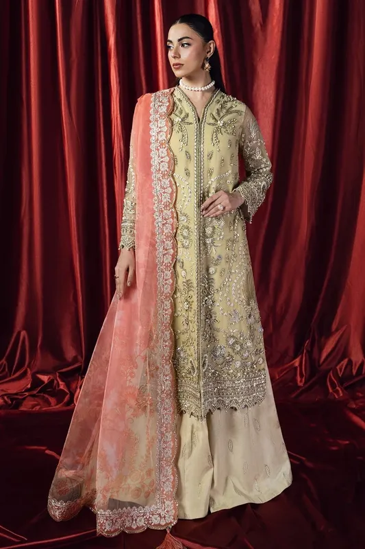 Mina Kashif Kahani Formals Pale Yellow Raw Silk – view 1 – Poshaq