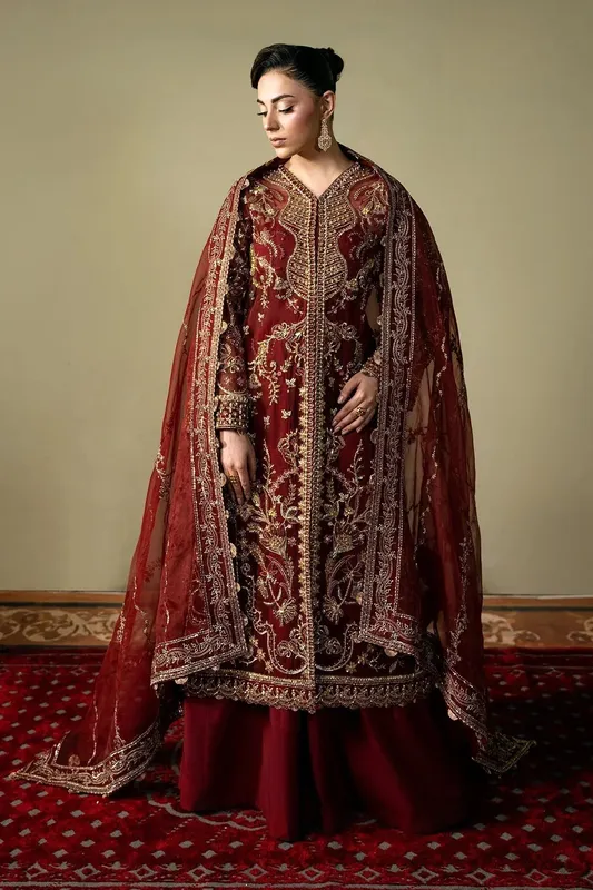 Mina Kashif Kahani Formals Maroon Raw Silk – view 1 – Poshaq