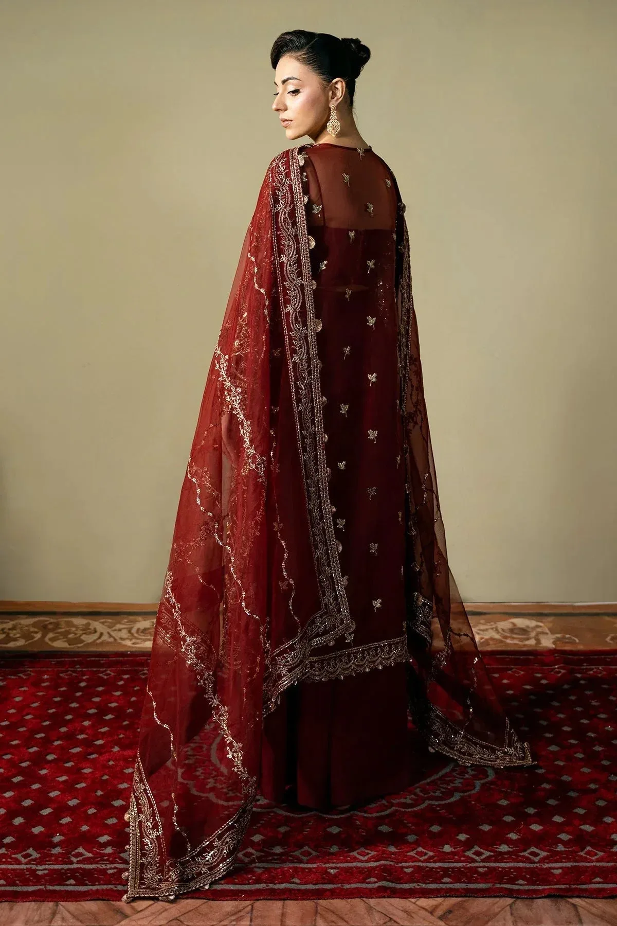 Mina Kashif Kahani Formals Maroon Raw Silk – view 2 – Poshaq