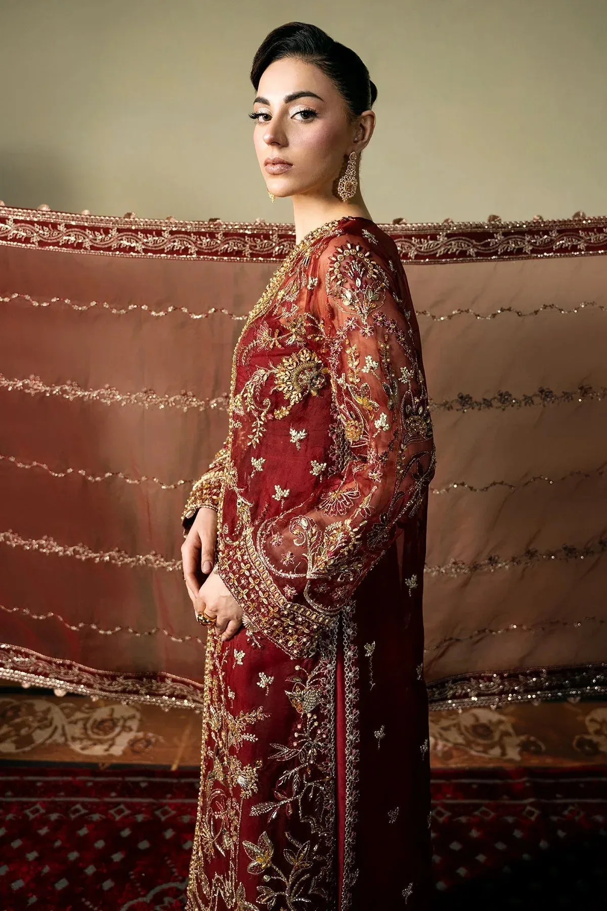 Mina Kashif Kahani Formals Maroon Raw Silk – view 5 – Poshaq