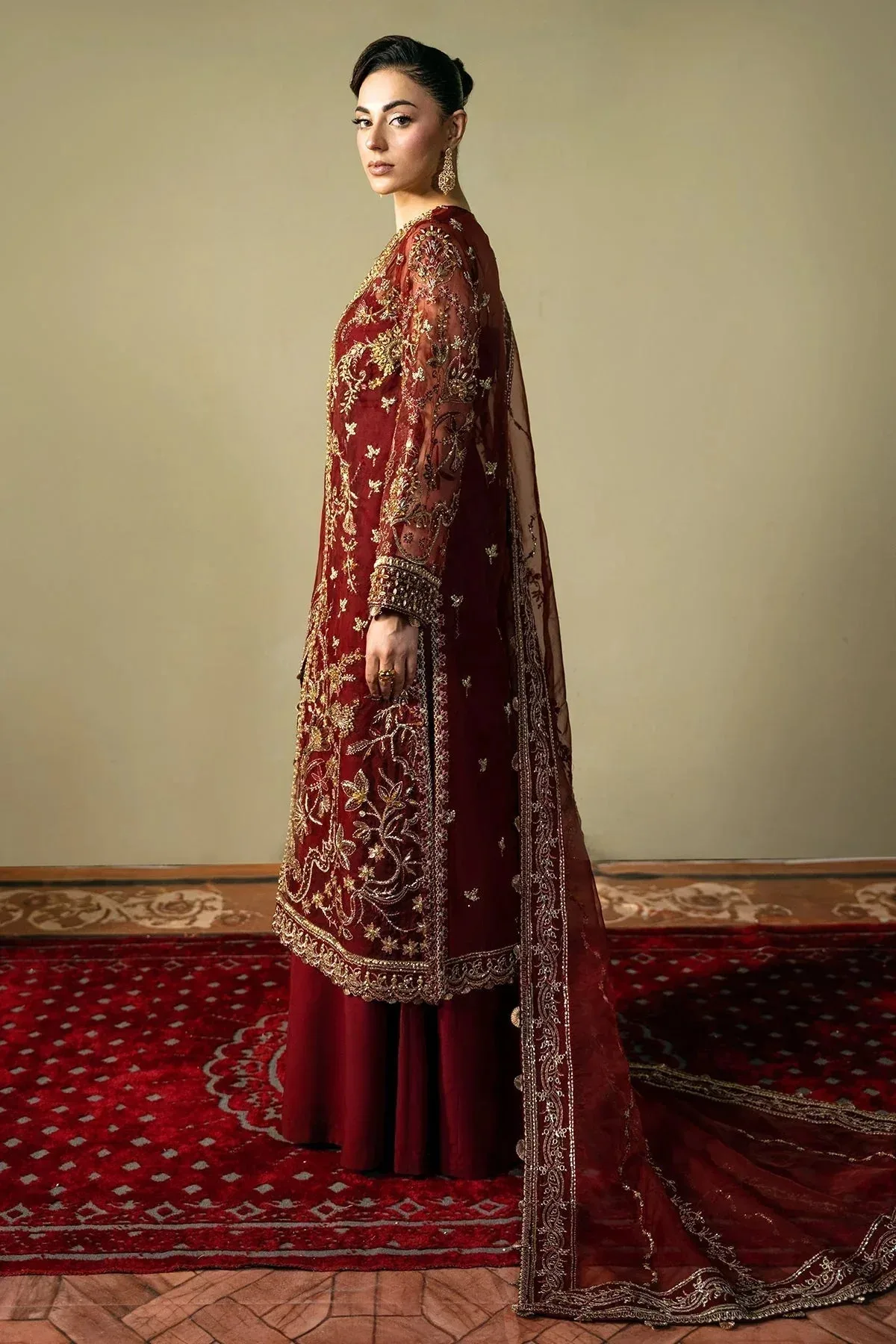 Mina Kashif Kahani Formals Maroon Raw Silk – view 6 – Poshaq