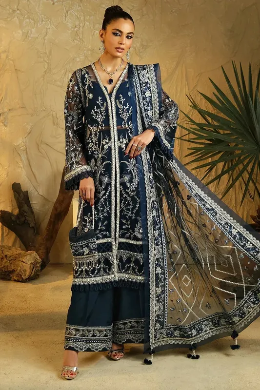 Mina Kashif Kahani Luxury Formals 23 Navy Blue Raw Silk – view 1 – Poshaq