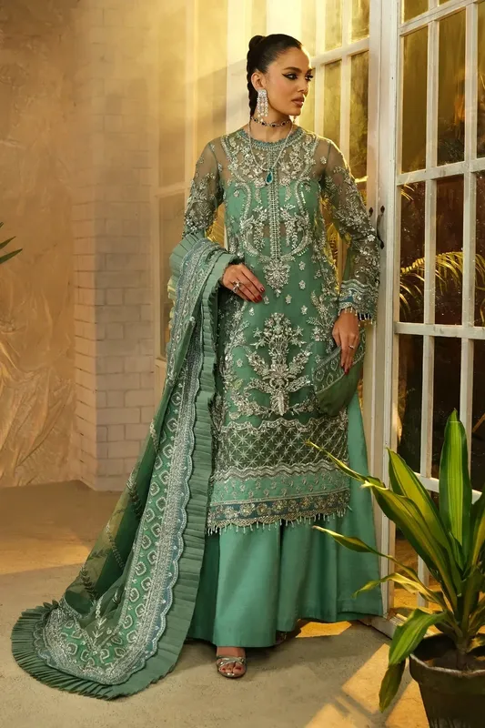 Mina Kashif Kahani Luxury Formals 23 Green Raw Silk – view 1 – Poshaq