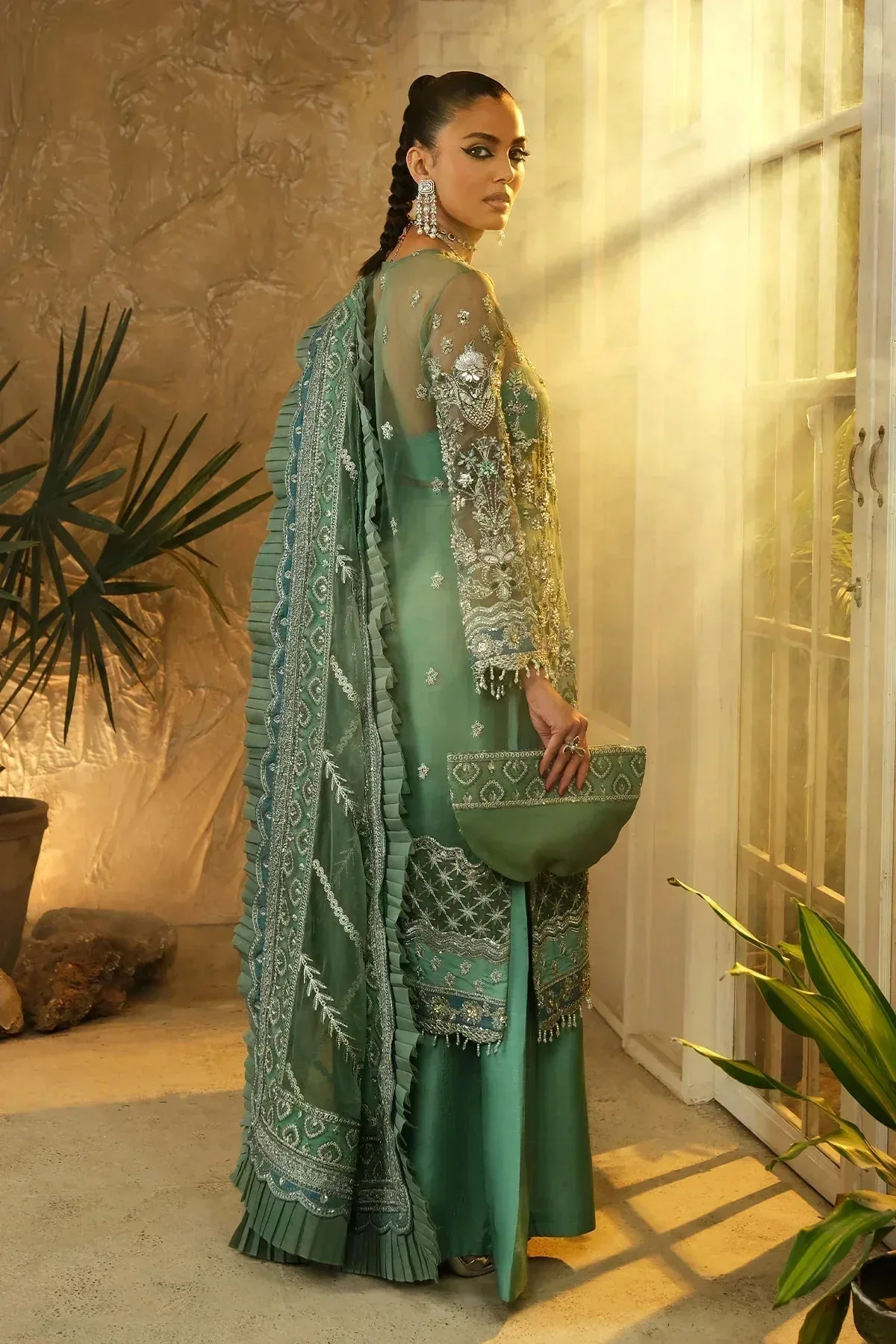 Mina Kashif Kahani Luxury Formals 23 Green Raw Silk – view 2 – Poshaq