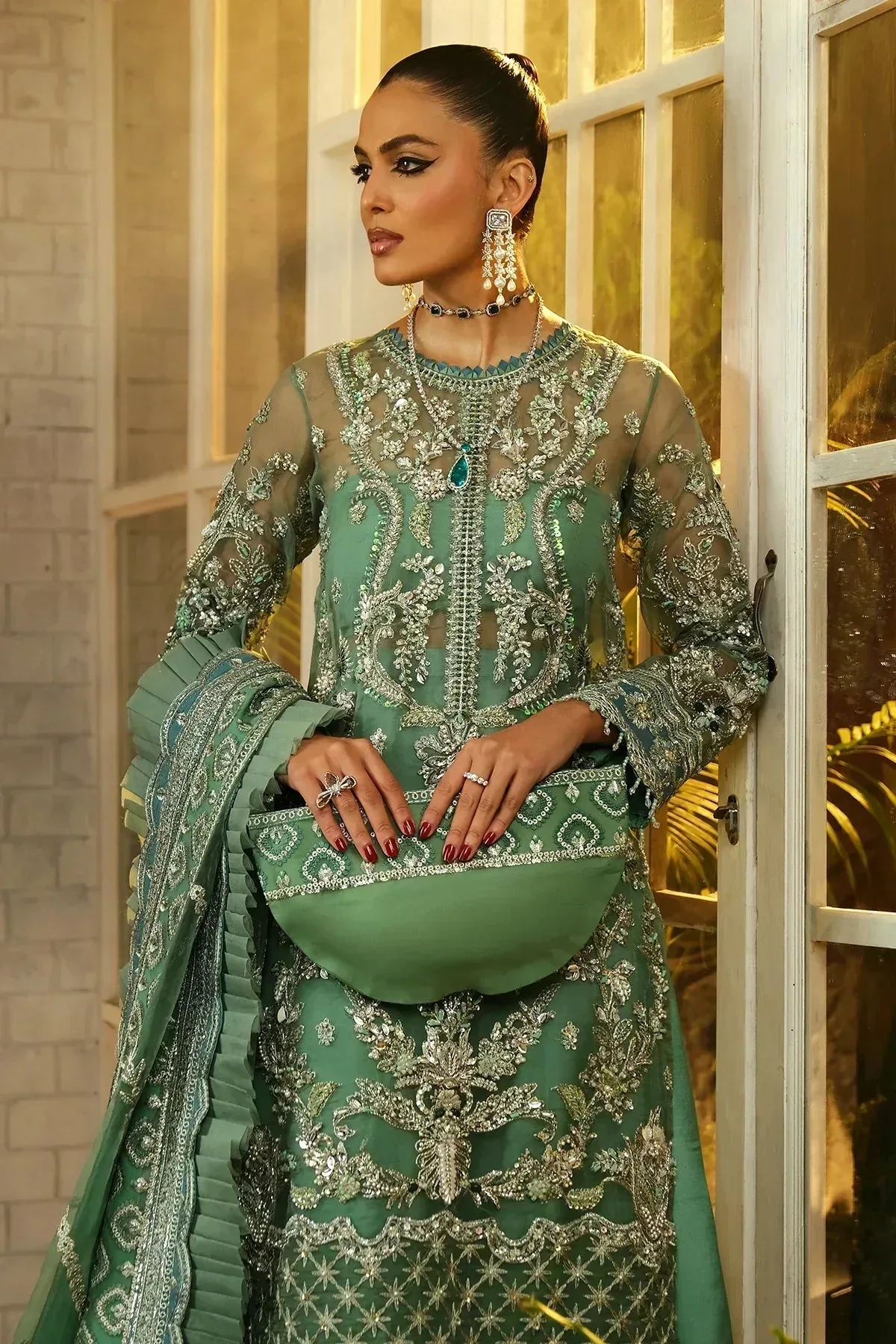 Mina Kashif Kahani Luxury Formals 23 Green Raw Silk – view 3 – Poshaq