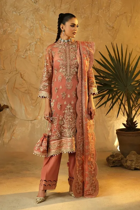 Mina Kashif Kahani Luxury Formals 23 Peach Raw Silk – view 1 – Poshaq