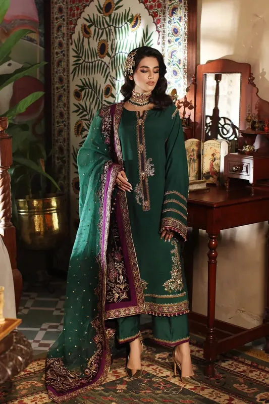 Mina Kashif Meeral Formals 23 Green Raw Silk – view 1 – Poshaq