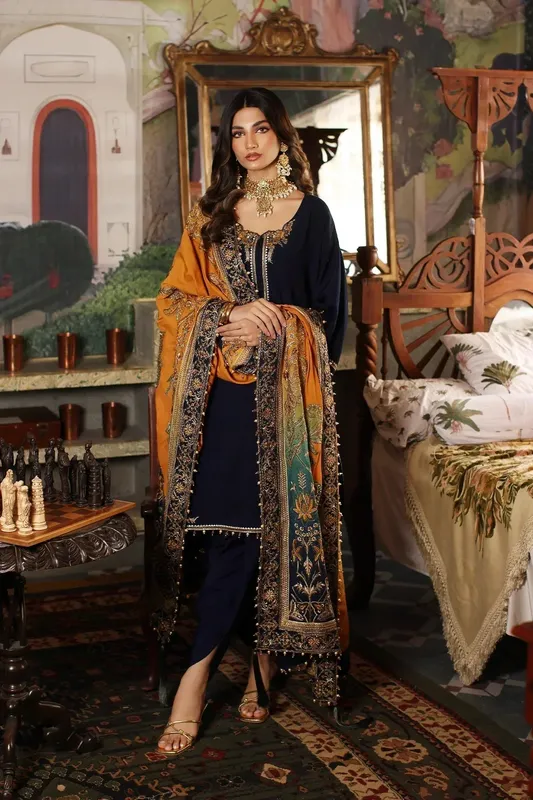 Mina Kashif Meeral Formals 23 Navy Raw Silk – view 1 – Poshaq
