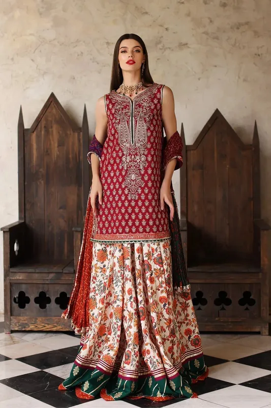 Mina Kashif Festive Lawn Maroon Cotton – view 1 – Poshaq