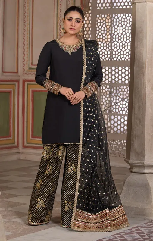 Maya Mehr o Mah Black Raw Silk – view 1 – Poshaq