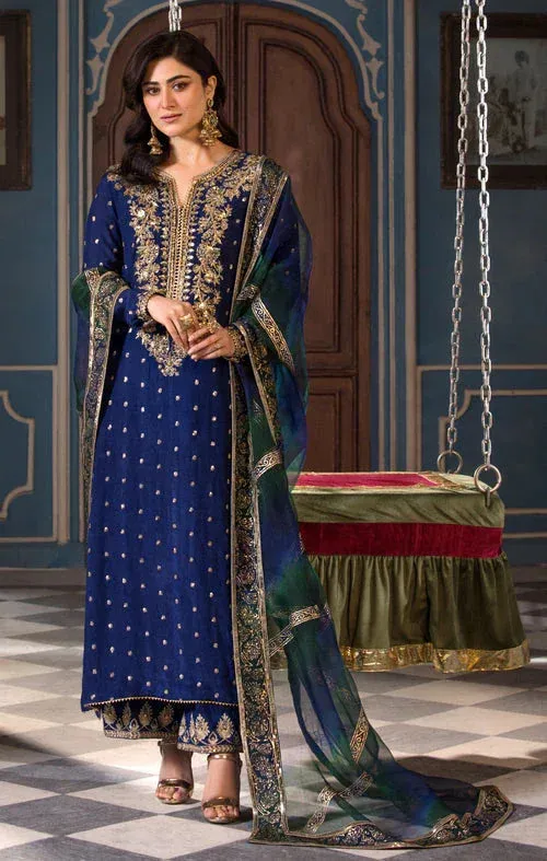 Maya Mehr o Mah Formals Dark Blue Raw Silk – view 1 – Poshaq