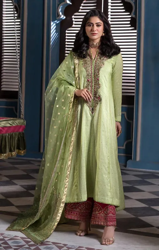 Maya Mehr o Mah Formals Pistachio Green Raw Silk – view 1 – Poshaq