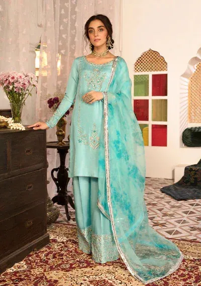 Maya Eid Collection Gul Bahaar Ferozi Raw Silk – view 1 – Poshaq