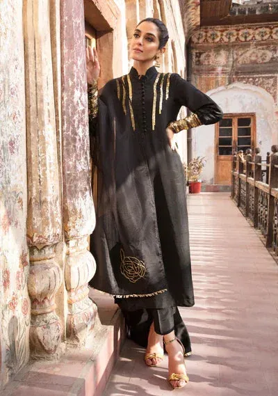Maya Eid Collection Gul Bahaar Black Raw Silk – view 1 – Poshaq