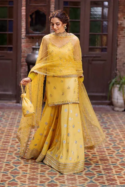 Maya Eid Collection Naulakhi Kohtai Yellow Raw Silk – view 1 – Poshaq