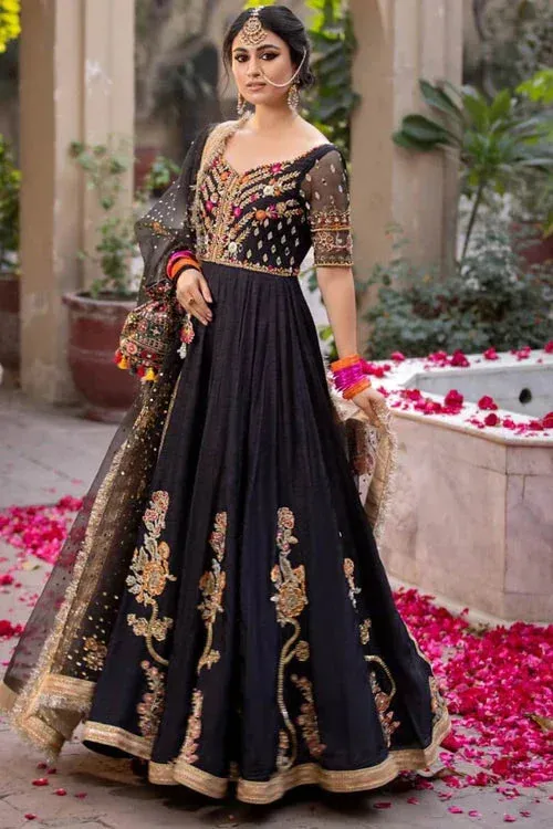 Black bridal pishwas with raw silk and organza detailing – view 1 – Poshaq
