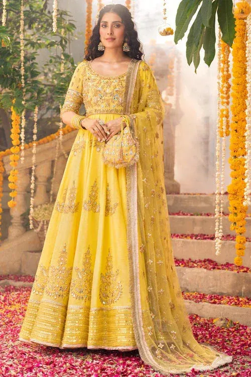 Yellow bridal suit with silk jacket, trousers and embroidered net dupatta – view 1 – Poshaq