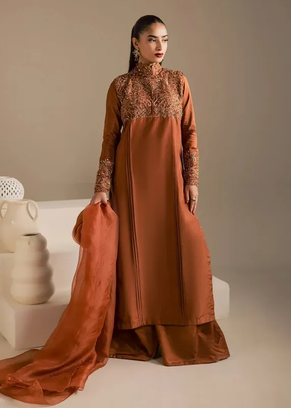 Maria Osama Khan Noir Bliss Luxury Formals Rust Brown Organza – view 1 – Poshaq