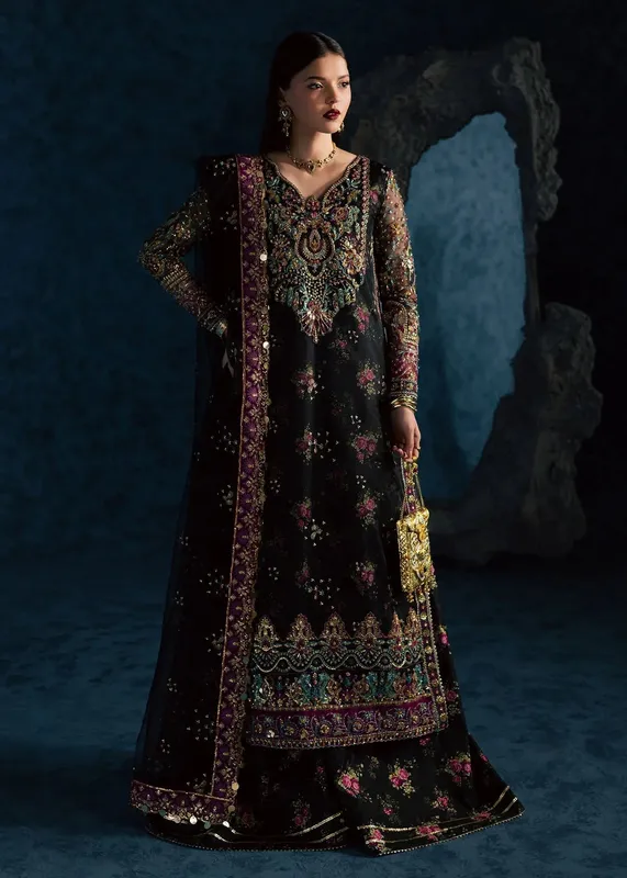 Maria Osama Khan Lamhay Wedding Festive Black Raw Silk – view 1 – Poshaq