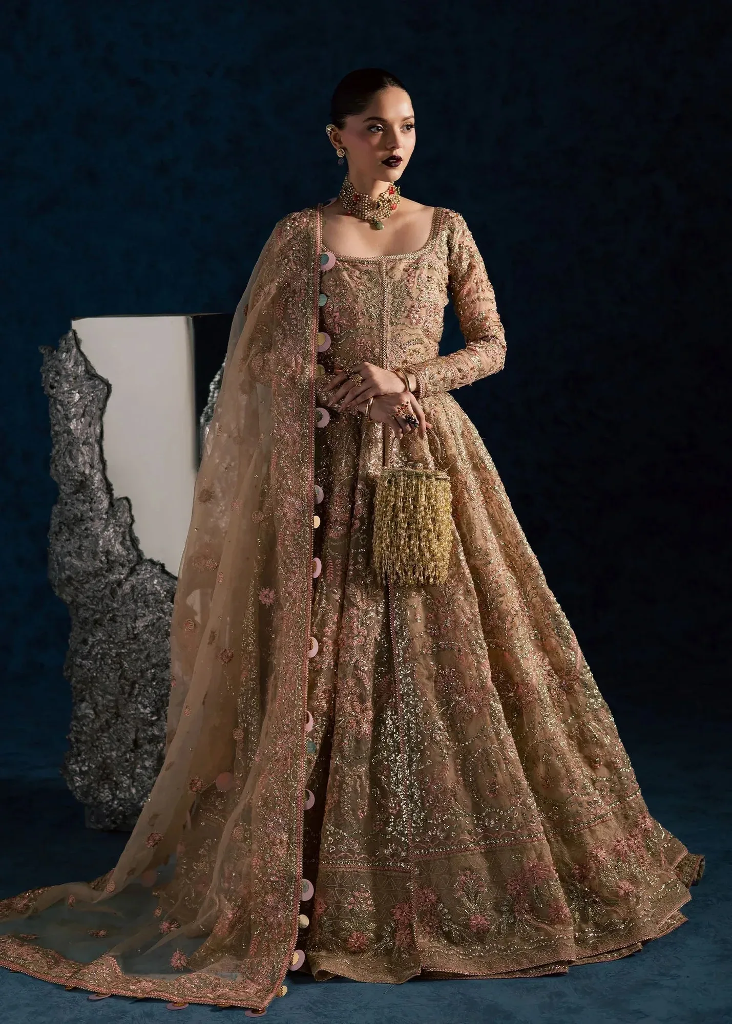 Maria Osama Khan Lamhay Wedding Festive Beige Raw Silk – view 1 – Poshaq
