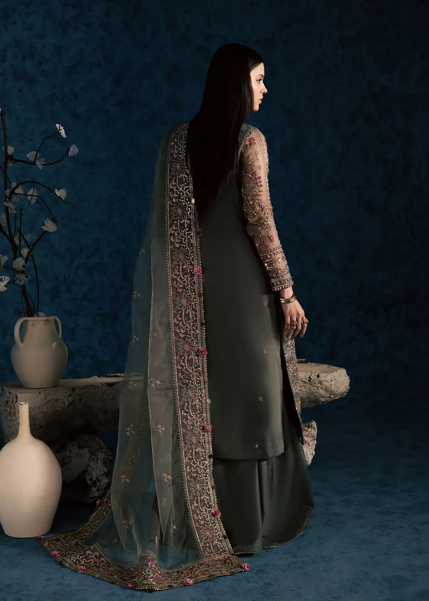 Maria Osama Khan Lamhay Wedding Festive Grey Raw Silk – view 2 – Poshaq