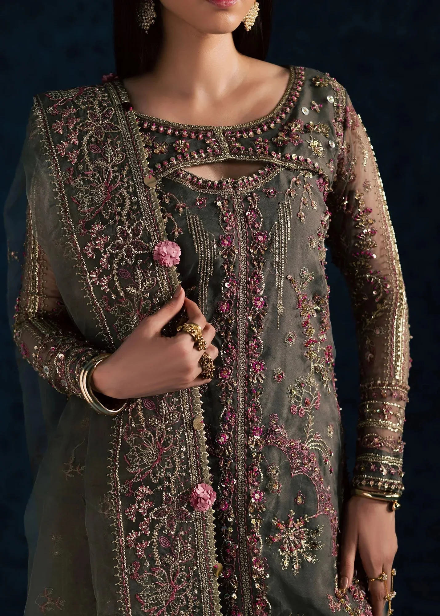 Maria Osama Khan Lamhay Wedding Festive Grey Raw Silk – view 3 – Poshaq