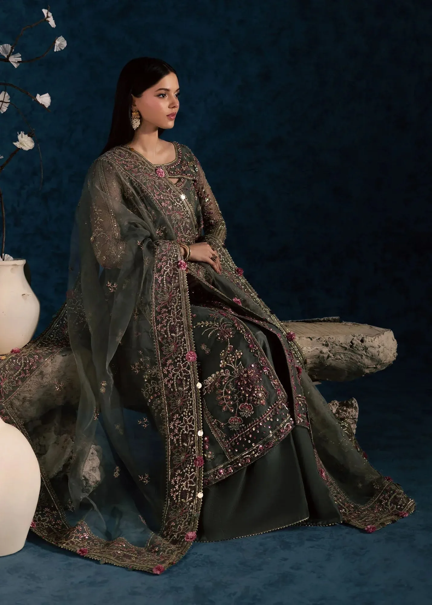 Maria Osama Khan Lamhay Wedding Festive Grey Raw Silk – view 6 – Poshaq
