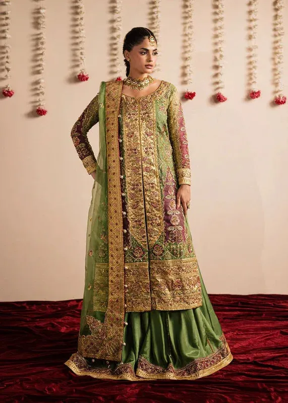 Maria Osama Khan Jhil Mil Wedding Festive Green Raw Silk – view 1 – Poshaq