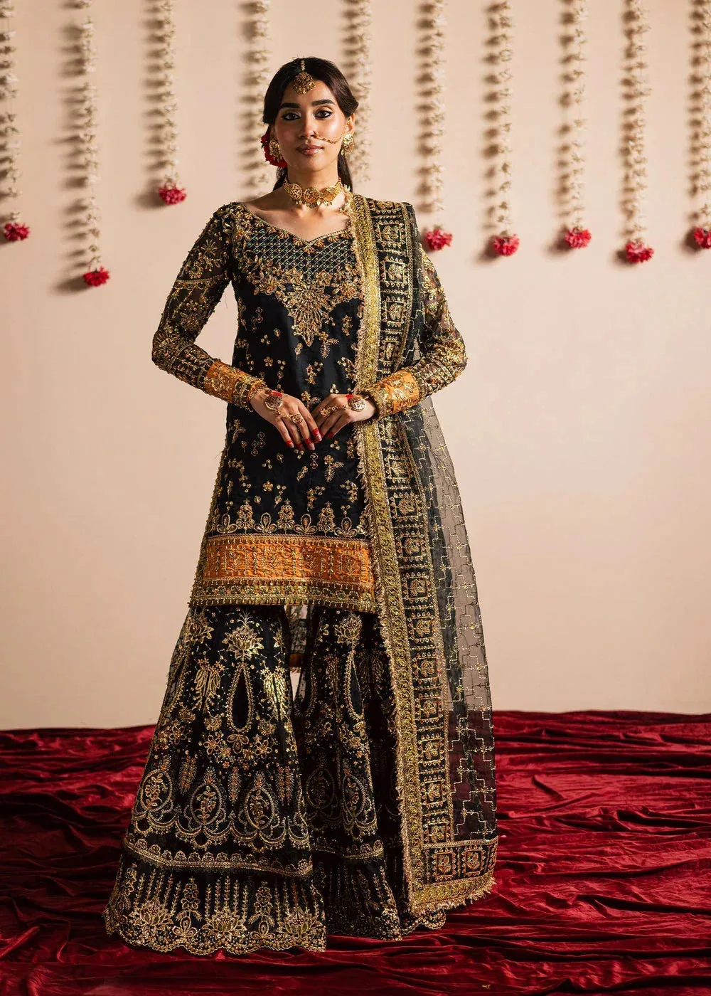 Maria Osama Khan Jhil Mil Wedding Festive Black Raw Silk – view 1 – Poshaq