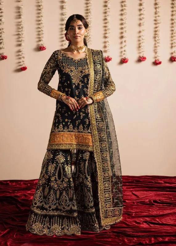 Maria Osama Khan Jhil Mil Wedding Festive Black Raw Silk – view 1 – Poshaq