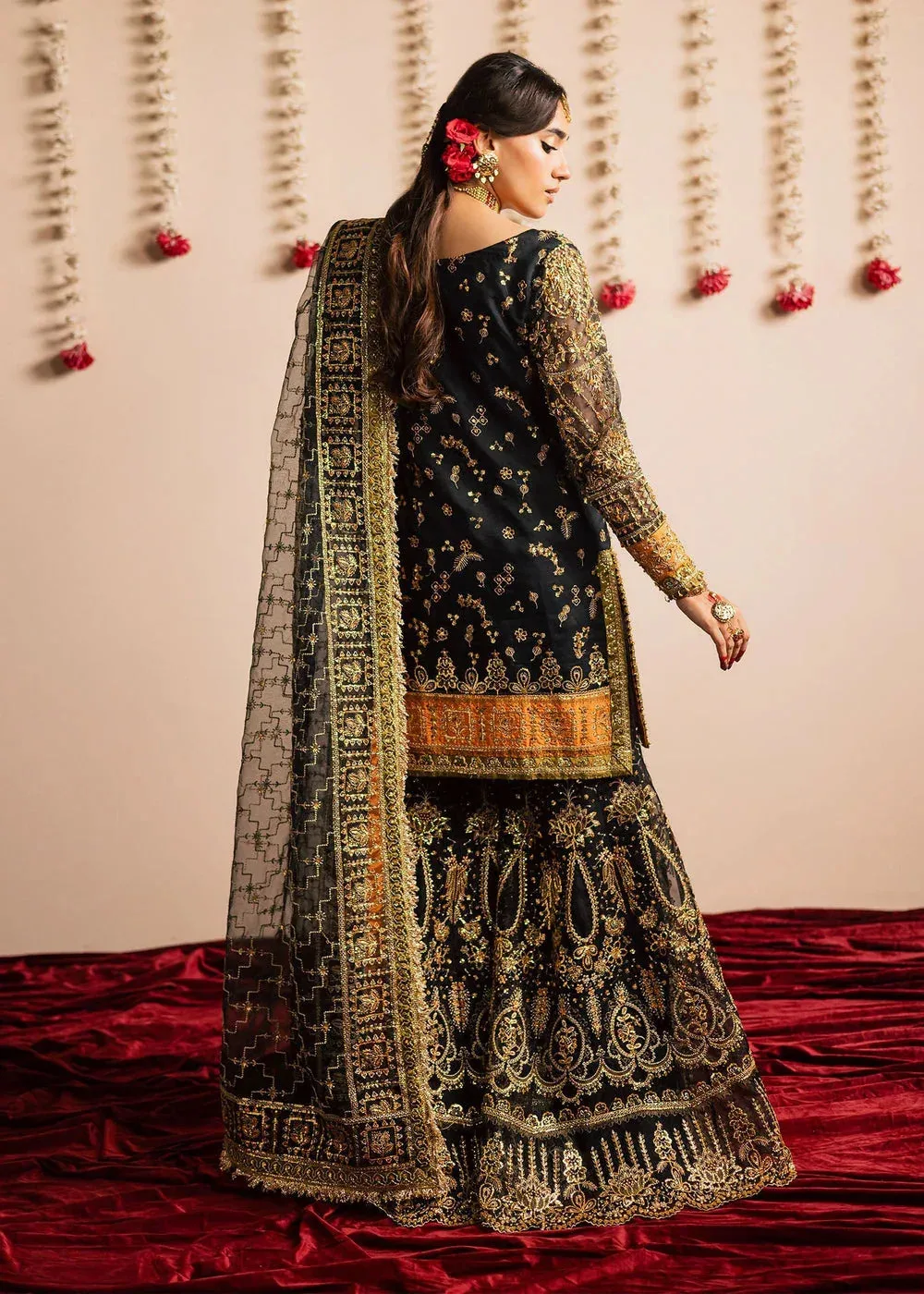 Maria Osama Khan Jhil Mil Wedding Festive Black Raw Silk – view 2 – Poshaq