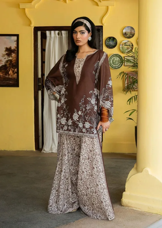 Maria Osama Khan Retro Lawn 25 Chocolate Brown Lawn – view 1 – Poshaq