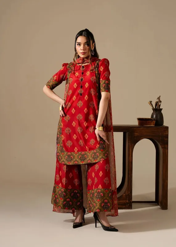 Maria Osama Khan Retro Vol 3 Haute Red Silk – view 1 – Poshaq