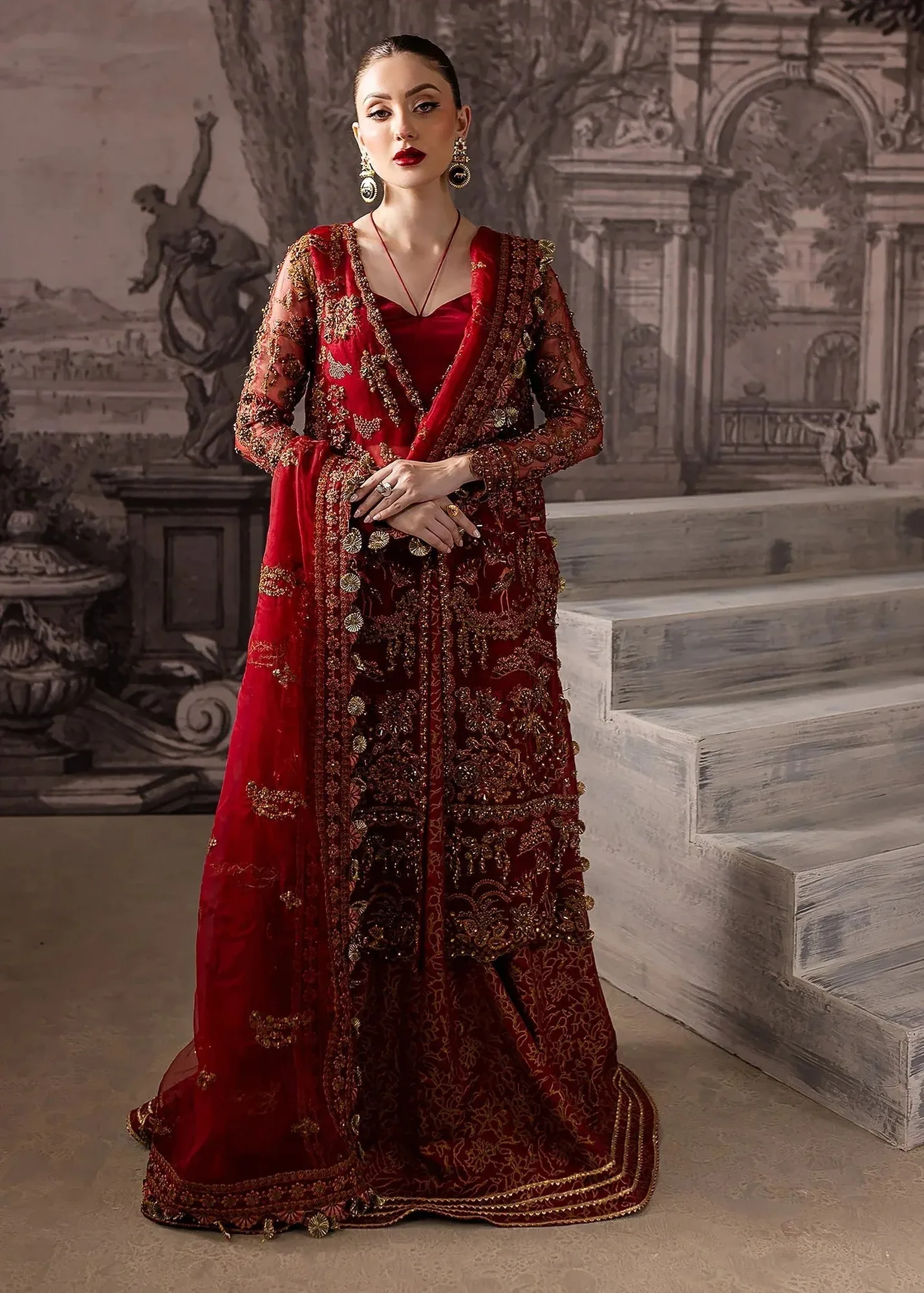 Maria Osama Khan Mystara Wedding Festive Maroon Raw Silk – view 1 – Poshaq