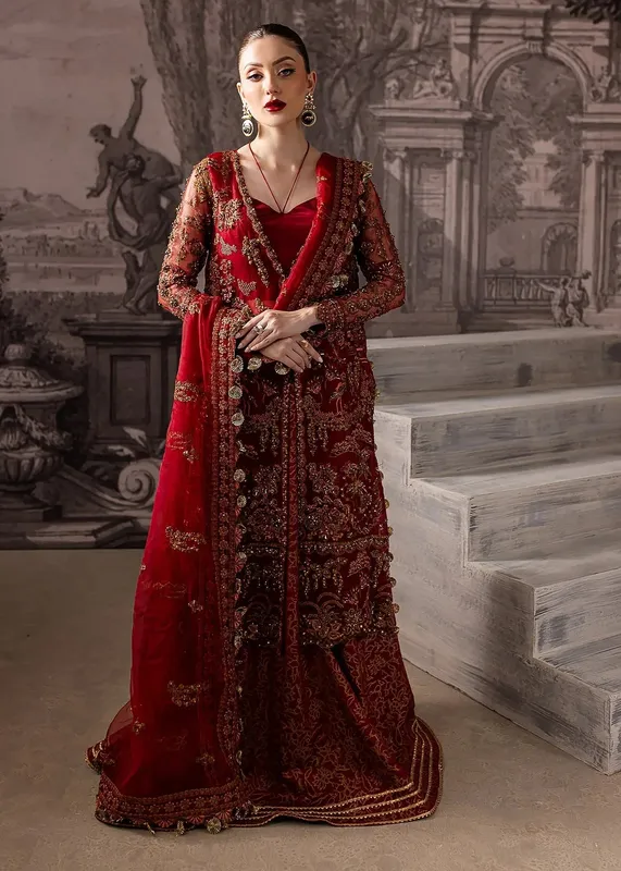 Maria Osama Khan Mystara Wedding Festive Maroon Raw Silk – view 1 – Poshaq