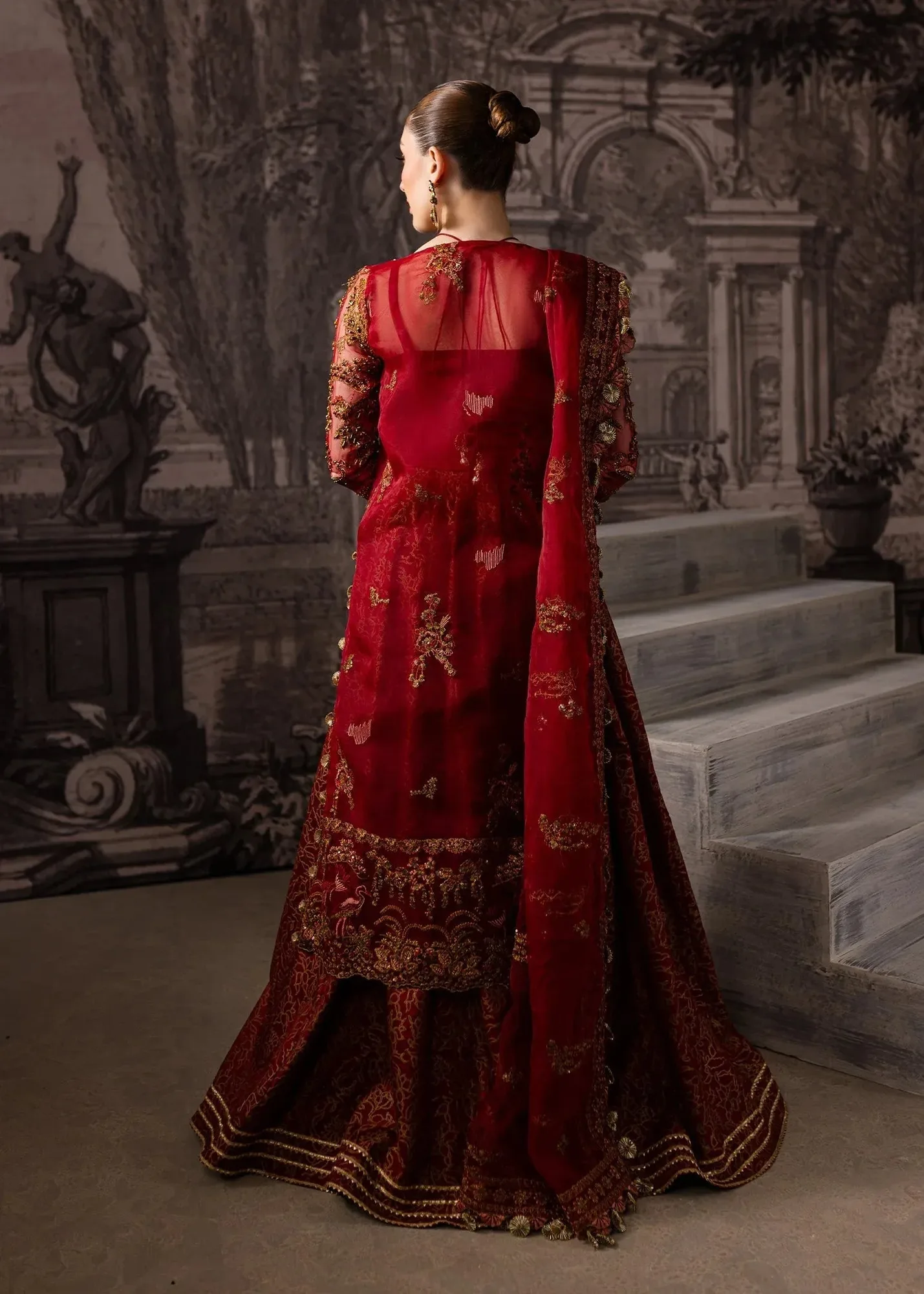 Maria Osama Khan Mystara Wedding Festive Maroon Raw Silk – view 2 – Poshaq