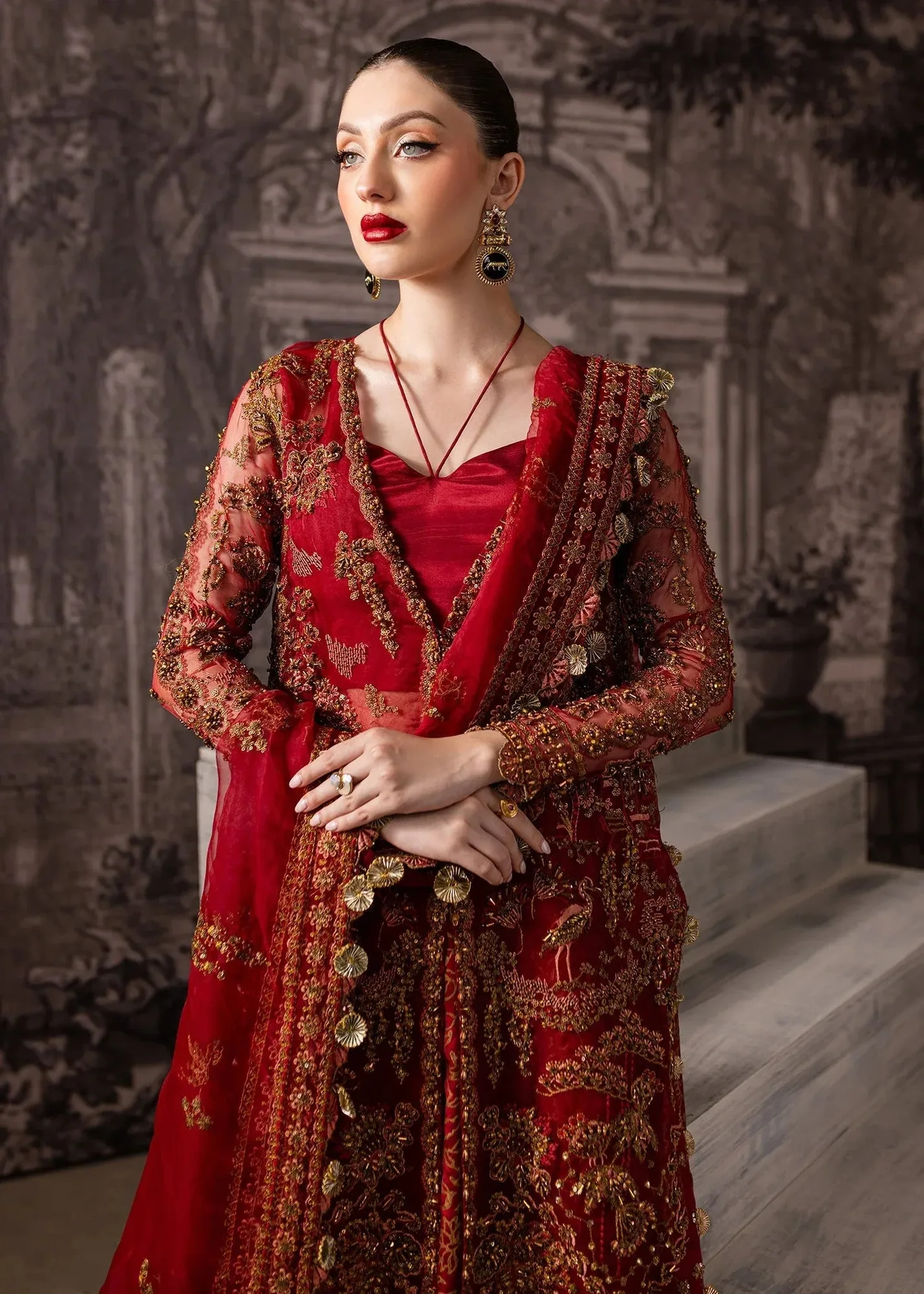 Maria Osama Khan Mystara Wedding Festive Maroon Raw Silk – view 3 – Poshaq